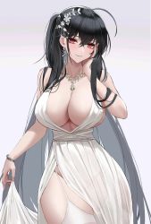 Rule 34 | 1girl, ahoge, azur lane, bad id, bad pixiv id, bare arms, bare shoulders, black hair, bracelet, breasts, cleavage, collarbone, cowboy shot, dress, earrings, flower, garter straps, groin, hair flower, hair ornament, hand on own face, highres, jewelry, krisma176, large breasts, long hair, looking at viewer, necklace, no panties, parted lips, pelvic curtain, red eyes, see-through, skirt hold, sleeveless, sleeveless dress, smile, solo, taihou (azur lane), taihou (temptation on the sea breeze) (azur lane), thighhighs, very long hair, white dress, white thighhighs