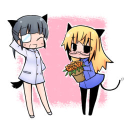 Rule 34 | 2girls, animal ears, arm behind head, blush, cat ears, cat tail, chibi, dog ears, dog tail, eyepatch, glasses, lowres, luu, multiple girls, pantyhose, perrine h. clostermann, sakamoto mio, strike witches, tail, world witches series
