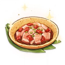 Rule 34 | artist request, bowl, chili pepper, commentary, english commentary, food, food focus, game cg, garnish, genshin impact, leaf, lowres, meat, no humans, official art, simple background, sparkle, still life, third-party source, transparent background