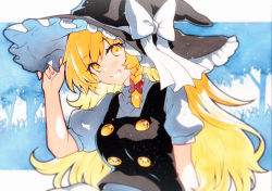Rule 34 | 1girl, arm up, black hat, black vest, blonde hair, blurry, blush, bow, braid, buttons, commentary, frilled hat, frills, grin, hair bow, hand on headwear, hat, hat bow, head tilt, highres, kirisame marisa, long hair, looking at viewer, puffy short sleeves, puffy sleeves, qqqrinkappp, red bow, shirt, short sleeves, side braid, single braid, smile, solo, touhou, traditional media, turtleneck, upper body, vest, white bow, white shirt, witch hat, yellow eyes