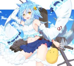Rule 34 | 1girl, :3, animal ears, azur lane, bell, bird, blue hair, blue skirt, cannon, chick, detached sleeves, fox ears, fox tail, fubuki (azur lane), hair bell, hair ornament, machinery, navel, open mouth, pleated skirt, scarf, shirua (s4-42424), short hair, single thighhigh, skirt, smile, smokestack, tail, thighhighs, turret, white scarf, white thighhighs, yellow eyes