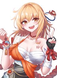 Rule 34 | 1girl, 74239600, :d, black gloves, blonde hair, breasts, choker, cleavage, collarbone, crossed bangs, earrings, fingerless gloves, genshin impact, gloves, hair between eyes, hair down, hair intakes, highres, holding, japanese clothes, jewelry, kimono, large breasts, medium breasts, medium hair, open mouth, orange eyes, orange kimono, red ribbon, ribbon, sarashi, simple background, single glove, single strap, smile, solo, tattoo, upper body, v, vision (genshin impact), white background, wrist ribbon, yoimiya (genshin impact)