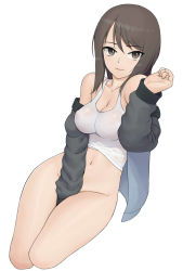 Rule 34 | 1girl, blouse, brown eyes, brown hair, covering crotch, covering privates, girls und panzer, highres, jacket, keizoku military uniform, long hair, looking at viewer, mika (girls und panzer), no bra, no panties, no pants, see-through, see-through shirt, shirt, simple background, sleeveless, sleeveless shirt, solo, track jacket, wata do chinkuru, white background