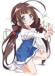 Rule 34 | 10s, 1girl, ahoge, blue eyes, board game, brown hair, closed mouth, hinatsuru ai, ixy, kneeling, long hair, looking at viewer, low twintails, ryuuou no oshigoto!, school uniform, shogi, shogi piece, simple background, smile, socks, solo, twintails, white background