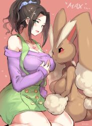 Rule 34 | 2girls, ass, black sclera, blush, body fur, brown fur, brown hair, colored sclera, creatures (company), crossover, ebihara naho, female focus, furry, furry female, game freak, gen 4 pokemon, heart, highres, idolmaster, idolmaster cinderella girls, large areolae, leg up, legs, long ears, looking at viewer, lopunny, max (mhn max), multiple girls, nintendo, open mouth, pokemon, pokemon (creature), ponytail, rabbit ears, rabbit girl, red eyes, simple background, smile, thighs, two-tone fur, yellow fur