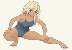 Rule 34 | 1girl, barefoot, blonde hair, blue eyes, blue one-piece swimsuit, blush, breasts, daipunch, dark skin, full body, highres, long hair, medium breasts, one-piece swimsuit, original, pink nails, school swimsuit, simple background, solo, stretching, swimsuit, tan
