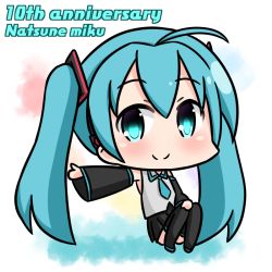 Rule 34 | 1girl, ahoge, anniversary, aqua eyes, aqua hair, aqua necktie, bare shoulders, black footwear, black skirt, black thighhighs, blush, boots, character name, chibi, closed mouth, commentary request, detached sleeves, grey shirt, hair between eyes, hair ornament, hana kazari, hand on own knee, hatsune miku, long hair, long sleeves, looking at viewer, necktie, outstretched arm, pleated skirt, shirt, sidelocks, sitting, skirt, sleeveless, sleeveless shirt, smile, solo, thigh boots, thighhighs, twintails, very long hair, vocaloid, wide sleeves