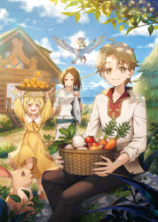 Rule 34 | 1boy, 3girls, animal, arms up, basket, black pants, blue sky, brown hair, bush, carrot, cloud, cover, cover page, day, dress, fish, fishing rod, griffin, hat, highres, holding, holding animal, holding fish, holding fishing rod, house, island tsukuru, jewelry, multiple girls, necklace, novel cover, official art, onion, outdoors, pants, ponytail, rabbit, radish, rock, shirt, sho (sumika), short hair, sitting, sitting on rock, sky, sleeves rolled up, stairs, tomato, tree, water, white shirt, yellow dress