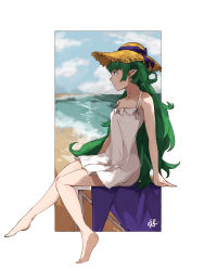 Rule 34 | 1girl, alternate costume, barefoot, beach, blue sky, closed mouth, cloud, day, dress, fire emblem, fire emblem: three houses, from side, full body, green eyes, green hair, hat, hat ribbon, highres, knees together feet apart, long hair, looking away, nintendo, ocean, outside border, pale skin, pointy ears, profile, ribbon, sakuremi, short dress, sitting, sky, sleeveless, sleeveless dress, solo, sothis (fire emblem), straw hat, sun hat, sundress, very long hair, water