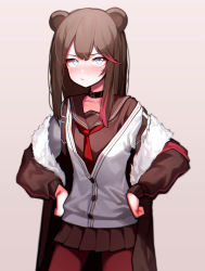 Rule 34 | 1girl, absurdres, animal ears, arknights, bear ears, beudelb, black choker, blue eyes, brown coat, brown hair, brown sailor collar, brown shirt, brown skirt, choker, coat, commentary, cowboy shot, fur-trimmed coat, fur trim, grey background, hands on own hips, highres, korean commentary, long hair, looking at viewer, multicolored hair, open clothes, open coat, pantyhose, pleated skirt, red hair, red pantyhose, sailor collar, school uniform, serafuku, shirt, simple background, skirt, solo, streaked hair, sweater vest, white sweater vest, zima (arknights)