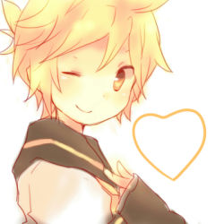 Rule 34 | 1boy, bad id, bad pixiv id, blonde hair, heart, kagamine len, lowres, male focus, one eye closed, short hair, simple background, sketch, smile, solo, tenma (xxx), upper body, vocaloid, white background, wink