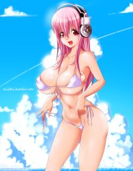 Rule 34 | 1girl, :d, armpits, artist name, bare arms, bikini, bikini pull, blue sky, breasts, cleavage, clothes pull, cloud, collarbone, contrail, covered erect nipples, day, evil-dei, female focus, hair between eyes, headphones, highres, horizon, large breasts, long hair, looking at viewer, navel, nitroplus, ocean, open mouth, partially visible vulva, pink hair, red eyes, side-tie bikini bottom, sidelocks, sky, smile, solo, sparkle, standing, stomach, super sonico, swimsuit, underboob, water, watermark, web address, white bikini