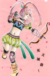 Rule 34 | 1girl, boots, bow (weapon), chelsea torn, choker, elbow gloves, gloves, green eyes, knee pads, long hair, midriff, navel, pink background, pink hair, ponytail, tales of (series), tales of destiny, weapon