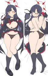 Rule 34 | 1girl, ahoge, armband, ass, bare shoulders, bed sheet, black bra, black footwear, black gloves, black hair, black panties, black sailor collar, black serafuku, black shirt, black skirt, black socks, black wings, blue archive, blush, bra, breasts, cellphone, closed eyes, closed mouth, clothes lift, commentary request, dakimakura (medium), gloves, grey eyes, hair ornament, hairclip, halo, highres, holding, holding phone, ichika (blue archive), large breasts, lifting own clothes, loafers, long hair, long sleeves, looking at viewer, low wings, lying, miniskirt, multiple views, navel, neckerchief, nipples, on back, on stomach, panties, phone, pleated skirt, red armband, red halo, red neckerchief, sailor collar, school uniform, serafuku, shirt, shirt lift, shoes, skirt, smartphone, smile, socks, sweatdrop, teeth, underwear, unworn bra, unworn shoes, unworn skirt, wings, yasojima nejiro