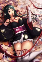Rule 34 | bad id, bad pixiv id, black eyes, black hair, breasts, cleavage, dappled sunlight, day, detached sleeves, halterneck, highres, japanese clothes, lying, machine-doll wa kizutsukanai, mouth hold, on back, ribbon, ribbon in mouth, solo, strapless, sunlight, thighhighs, watermark, web address, white thighhighs, yaya (machine-doll), yugyeom