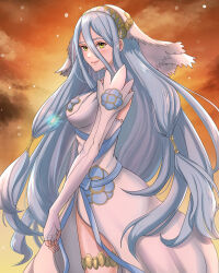 Rule 34 | 1girl, absurdres, azura (fire emblem), blue hair, blush, breasts, closed mouth, cloud, commentary, detached sleeves, dress, elbow gloves, fingerless gloves, fire emblem, fire emblem fates, gloves, glowing necklace, hair between eyes, hair tubes, highres, jewelry, kousetu0506, leglet, lips, long hair, looking at viewer, medium breasts, necklace, nintendo, orange sky, pendant, pink lips, sky, smile, solo, veil, very long hair, white dress, white gloves, yellow eyes