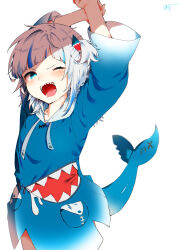 Rule 34 | 1girl, arms up, blue eyes, blue hair, blush, dongchuan, fins, fish tail, gawr gura, gawr gura (1st costume), highres, hololive, hololive english, hood, hoodie, long sleeves, multicolored hair, one eye closed, open mouth, shark girl, shark tail, sharp teeth, solo, streaked hair, tail, teeth, two-tone hair, two side up, virtual youtuber, white hair, wide sleeves
