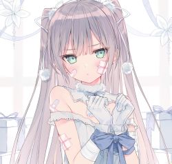 Rule 34 | 1girl, animal ears, aqua eyes, artist name, bandaged arm, bandages, bandaid, bandaid on face, bandaid on shoulder, bare shoulders, blue dress, blue ribbon, blush, bound, bound wrists, box, cat ears, cat girl, closed mouth, detached collar, dress, flower, gift, gift box, gloves, long hair, looking at viewer, melonbooks, off-shoulder dress, off shoulder, original, own hands together, pom pom (clothes), purple hair, ribbon, rurudo, solo, tied up, twintails, upper body, very long hair, white flower, white gloves