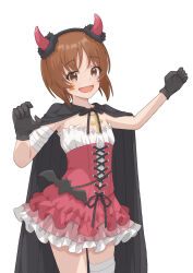 1girl absurdres bandaged_arm bandaged_leg bandages bat_ornament black_cape black_gloves brown_eyes brown_hair cape commentary cowboy_shot cross cross_necklace demon_horns dress facial_tattoo frilled_dress frills girls_und_panzer gloves halloween_costume highres horns jewelry looking_at_viewer necklace nishizumi_miho open_mouth pink_dress qgkmn541 short_dress short_hair simple_background smile solo standing star_(symbol) strapless strapless_dress tattoo white_background