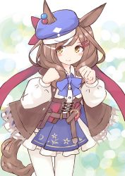 Rule 34 | 1girl, absurdres, animal ears, blue hat, blue skirt, blush stickers, brown eyes, brown hair, closed mouth, collared shirt, commentary request, dress shirt, ears through headwear, flat cap, frilled skirt, frills, fringe trim, hair ornament, hairclip, hands up, hat, highres, horse ears, horse girl, horse tail, ichi (ichi.colors), long hair, long sleeves, matikane tannhauser (umamusume), multicolored hair, pantyhose, puffy long sleeves, puffy sleeves, shirt, skirt, smile, solo, streaked hair, tail, tilted headwear, umamusume, white hair, white pantyhose, white shirt