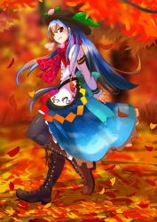 Rule 34 | 1girl, absurdres, arms behind back, autumn, autumn leaves, black pantyhose, blue hair, boots, brown footwear, cross-laced footwear, full body, hat, heavy breathing, highres, hinanawi tenshi, interlocked fingers, knee boots, lace-up boots, layered sleeves, long hair, long sleeves, looking at viewer, nama shirasu, open mouth, pantyhose, puffy short sleeves, puffy sleeves, red eyes, scarf, shirt, short over long sleeves, short sleeves, skirt, solo, touhou, very long hair, walking