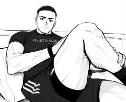 Rule 34 | 1boy, bara, clothes writing, frown, greyscale, knee up, leg up, leggings under shorts, looking at viewer, male focus, monochrome, muscular, muscular male, original, pectorals, short hair, sideburns, sitting, solo, sparse leg hair, sportswear, thick eyebrows, thick thighs, thighs, yottsuu (wgnd2sywpqzrgjz)