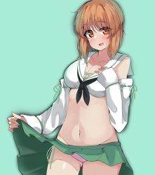 Rule 34 | 1girl, absurdres, adapted costume, bikini, bikini skirt, black neckerchief, blush, breasts, brown eyes, brown hair, cleavage, clothes lift, commentary, cowboy shot, detached sleeves, girls und panzer, green background, green skirt, groin, hand on own chest, highres, kshimu, lifting own clothes, looking at viewer, medium breasts, navel, neckerchief, nishizumi miho, ooarai school uniform, open mouth, sailor bikini, sailor collar, school uniform, short hair, side-tie bikini bottom, simple background, skirt, skirt lift, sleeves past wrists, smile, solo, standing, sweat, swimsuit, white bikini, white sailor collar, white sleeves