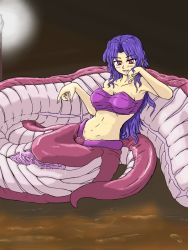 Rule 34 | 1girl, bikini, bikini top only, blue hair, blush, breasts, kaname (artist), lamia, large breasts, looking at viewer, monster girl, navel, presenting, pussy, pussy juice, red eyes, slime, snake, solo, swimsuit, tail