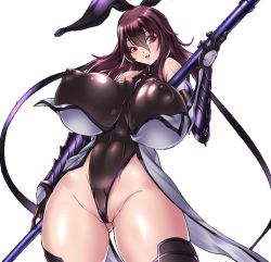 Rule 34 | 1girl, aged down, arm guards, bare shoulders, breasts, cameltoe, covered erect nipples, covered navel, curvy, gauntlets, gloves, gluteal fold, hair ribbon, highleg, highleg leotard, holding, holding weapon, huge breasts, leotard, looking at viewer, masachuusa, mature female, mizuki shiranui, nipples, open mouth, partially visible vulva, polearm, puffy areolae, puffy nipples, revealing clothes, ribbon, shiny clothes, shiny skin, short hair, simple background, smile, standing, taimanin (series), taimanin yukikaze, thick thighs, thighhighs, thighs, thong leotard, upper body, weapon, white background