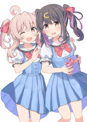 Rule 34 | 2girls, :o, ;d, ahoge, alternate hairstyle, bare arms, bare legs, black hair, blue dress, brown eyes, commentary, dress, frills, gift, hair between eyes, hair ornament, hair ribbon, hairclip, highres, long hair, looking at viewer, matching hairstyle, multicolored hair, multiple girls, one eye closed, onii-chan wa oshimai!, open mouth, oyama mahiro, oyama mihari, pink hair, puffy short sleeves, puffy sleeves, purple hair, red ribbon, ribbon, short sleeves, siblings, simple background, sisters, smile, tetesudeesu, twintails, two-tone hair, white background
