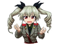 Rule 34 | anchovy (girls und panzer), black bow, black necktie, bow, collared shirt, girls und panzer, green hair, green shirt, grey jacket, hair bow, hands up, highres, itou yuuji, jacket, long hair, long sleeves, looking at viewer, necktie, open mouth, red eyes, shirt, simple background, solo, sweatdrop, twintails, upper body, white background, wing collar