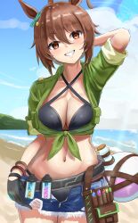 Rule 34 | 1girl, absurdres, agnes tachyon (lunatic lab) (umamusume), agnes tachyon (umamusume), ahoge, animal ears, arm at side, arm behind head, arm up, beach, bikini, bikini under clothes, black bikini, black gloves, blue shorts, breasts, brown hair, cleavage, collarbone, cowboy shot, criss-cross halter, day, denim, denim shorts, empty eyes, flask, gloves, green jacket, grin, hair between eyes, halterneck, head tilt, highres, horizon, horse ears, jacket, leather wrist straps, medium breasts, midriff, navel, nishiwaki rui (gfew5483), ocean, official alternate costume, open clothes, open fly, open shorts, outdoors, round-bottom flask, sand, short sleeves, shorts, smile, solo, stomach, strap gap, swimsuit, tied jacket, torn clothes, torn shorts, umamusume, unbuttoned, unzipped, water, wrist straps, zipper, zipper pull tab