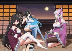 Rule 34 | 1boy, 3girls, alternate breast size, bare arms, black hair, black thighhighs, blue hair, blue thighhighs, bottle, breasts, china dress, chinese clothes, choko (cup), cleavage, colored inner hair, commandant (punishing: gray raven), crossed bangs, cup, detached sleeves, dress, fake horns, flute, full moon, grey hair, hair between eyes, hair ornament, headgear, headphones, highres, holding, holding cup, horns, large breasts, liv (punishing: gray raven), long hair, looking at viewer, lucia: plume (punishing: gray raven), moon, multicolored hair, multiple girls, pantyhose, pink eyes, pink hair, playing flute, punishing: gray raven, purple dress, putting on legwear, red hair, sake bottle, selena (punishing: gray raven), sidelocks, single bare leg, single leg pantyhose, single thighhigh, skaven gongcheng shushi, sleeves past wrists, small horns, streaked hair, thighhighs, transverse flute, twintails, very long hair, white pantyhose, wide sleeves