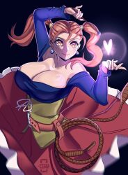 Rule 34 | 1girl, arm up, belt, blue shirt, breasts, brown hair, ceroccb, cleavage, commentary, dragon quest, dragon quest viii, earrings, hand up, heart, highres, holding, holding wand, jessica albert, jewelry, large breasts, long hair, long sleeves, looking at viewer, off-shoulder shirt, off shoulder, orange eyes, red skirt, shirt, skirt, smile, solo, twintails, wand, whip