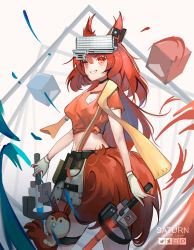 Rule 34 | 1girl, absurdres, animal ears, arknights, breasts, commentary, cowboy shot, crop top, flametail (arknights), flametail (sport for all) (arknights), gloves, grin, head-mounted display, highres, holding, holding sword, holding weapon, large tail, long hair, looking at viewer, medium breasts, midriff, navel, official alternate costume, orange eyes, orange hair, orange shirt, saturn (cmdr saturn), shirt, short sleeves, smile, solo, standing, stomach, sword, tail, very long hair, weapon, white gloves