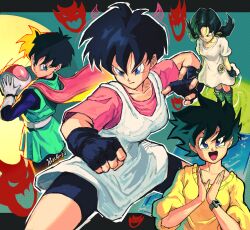 Rule 34 | 1girl, absurdres, bike shorts, black gloves, black hair, blue eyes, boots, breasts, cape, clapping, closed mouth, commentary, dragon ball, dragonball z, fighting stance, fingerless gloves, gloves, great saiyaman 2, happy, helmet, highres, holding, holding helmet, kornart, looking at viewer, multiple views, open mouth, pink cape, shirt, short hair, short twintails, smile, superhero costume, twintails, videl, watch, white gloves, white shirt, wristwatch
