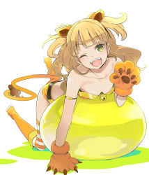 Rule 34 | 1girl, ;d, animal ears, animal hands, armlet, ball, bandeau, bare shoulders, bell, belt, blonde hair, boots, breasts, cleavage, collarbone, exercise ball, fake animal ears, fake tail, fang, full body, gloves, green eyes, idolmaster, idolmaster cinderella girls, jingle bell, jougasaki rika, kawaty, knee boots, lion ears, lion paw, lion tail, long hair, looking at viewer, one eye closed, open mouth, paw gloves, short shorts, shorts, simple background, small breasts, smile, solo, striped clothes, striped thighhighs, tail, teeth, thighhighs, two side up