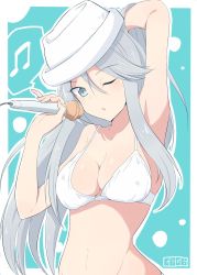 Rule 34 | 10s, 1girl, adjusting hair, arm behind head, armpits, beamed quavers, bikini, bikini top only, breasts, cbgb, cleavage, dixie cup hat, eyes visible through hair, flint (girls und panzer), girls und panzer, green background, grey hair, hat, highres, holding, holding microphone, long hair, looking at viewer, medium breasts, microphone, military hat, musical note, one eye closed, outside border, parted lips, solo, standing, swimsuit, upper body, white bikini