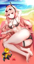 Rule 34 | 1girl, absurdres, ass, bad id, bad pixiv id, banana (girls&#039; frontline), barefoot, beach, bikini, black bikini, crab, day, feet, full body, girls&#039; frontline, hand in own hair, highres, looking at viewer, lying, m4 sopmod ii (girls&#039; frontline), o-ring, o-ring bikini, red eyes, smile, sunglasses, sunlight, swimsuit, tia (4017342)