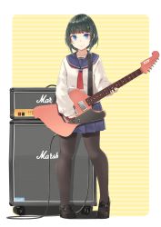 Rule 34 | 1girl, amplifier, black footwear, black hair, black pantyhose, blouse, blue skirt, blunt bangs, cable, closed mouth, electric guitar, esp guitars, full body, funyariko, guitar, highres, holding, holding instrument, instrument, loafers, long sleeves, looking at viewer, marshall, neckerchief, original, pantyhose, pigeon-toed, pleated skirt, rounded corners, school uniform, serafuku, shirt, shoes, short hair, sidelocks, skirt, sleeves past wrists, smile, solo, standing, striped, striped background, two-tone background, white background, white shirt, yellow background