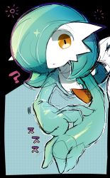 Rule 34 | 1girl, ?, absurdres, alternate eye color, black background, black border, blue background, bob cut, border, colored skin, creatures (company), female focus, flat chest, game freak, gardevoir, gen 3 pokemon, green hair, green skin, hair over one eye, halftone, highres, japanese text, looking at viewer, lotosu, lying, multicolored skin, nintendo, on stomach, open mouth, orange eyes, outline, pink outline, pokemon, pokemon (creature), shiny skin, short hair, simple background, solo, translation request, two-tone background, two-tone skin, white outline, white skin