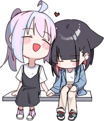 Rule 34 | 2girls, ahoge, animal ears, black dress, black hair, blue archive, blue jacket, blush, brown pants, cat ears, closed eyes, colored inner hair, commentary, dress, extra ears, hair ornament, hairclip, halo, heart, jacket, kazusa (blue archive), long hair, long sleeves, multicolored hair, multiple girls, open clothes, open jacket, open mouth, pants, pink hair, pink halo, ponytail, purple hair, reisa (blue archive), shoes, short hair, short sleeves, simple background, smile, symbol-only commentary, white background, whonyang