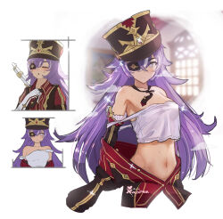 1girl bare_shoulders black_hat black_necktie bright_pupils chevreuse_(genshin_impact) crop_top detached_sleeves eyepatch genshin_impact grey_eyes hat highres long_hair looking_at_viewer midriff multiple_views navel necktie purple_hair shako_cap stomach strap_slip tank_top valenthania very_long_hair white_pupils white_tank_top