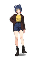 Rule 34 | 1girl, bare legs, belt, black footwear, blouse, blue hair, boots, bow, braid, braided hair rings, brown jacket, casual, closed mouth, commentary, denim, denim shorts, english commentary, full body, genshin impact, hair bow, hair ornament, hair rings, hairclip, hand in pocket, high-waist shorts, highres, jacket, jason kim, long sleeves, looking at viewer, red bow, shadow, shirt, shirt tucked in, short hair, shorts, simple background, smile, solo, standing, standing on one leg, white background, xiangling (genshin impact), yellow eyes, yellow shirt