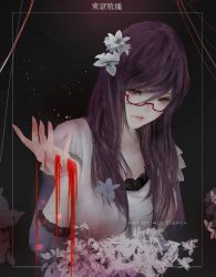 Rule 34 | 1girl, aoi ogata, artist name, blood, breasts, brown hair, commentary, commission, flower, gloves, glowing, glowing eyes, hair between eyes, hair flower, hair ornament, hand up, head tilt, highres, kamishiro rize, long hair, long sleeves, looking at viewer, parted lips, red-framed eyewear, red eyes, semi-rimless eyewear, shirt, small breasts, solo, tokyo ghoul, translation request, under-rim eyewear, upper body, white gloves, white shirt