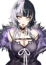 Rule 34 | 1girl, absurdres, arms behind back, belt, black belt, black choker, black coat, black dress, black hair, breasts, chest belt, choker, cleavage, coat, dress, fur-trimmed coat, fur trim, grey hair, highres, hololive, hololive english, lace-trimmed choker, lace trim, large breasts, long hair, looking at viewer, multicolored hair, rebelium, shiori novella, shiori novella (1st costume), split-color hair, tongue, tongue out, virtual youtuber, white background, yellow eyes