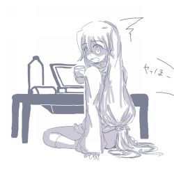 Rule 34 | 1girl, bottle, bottomless, character request, computer, cup, drinking glass, female focus, from behind, full body, greyscale, hand up, holding, japanese text, jirene, laptop, long hair, long sleeves, looking at viewer, looking back, monochrome, open mouth, shirt, simple background, sitting, sketch, sleeves past wrists, socks, solo, surprised, table, translation request, very long hair, wariza, white background