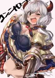 Rule 34 | 1girl, ammunition belt, blush, breasts, brown eyes, camieux, character name, cleavage, clothes lift, draph, dress, dress lift, granblue fantasy, gun, handgun, highres, horns, large breasts, leg up, long hair, looking at viewer, low twintails, maou (maoudaisukiya), nose blush, open mouth, silver hair, smoke, smoking barrel, solo, standing, standing on one leg, tears, twintails, weapon