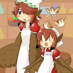 Rule 34 | 2girls, ahoge, apron, bird, blush, blush stickers, brown hair, dress, eitoh, feather hair, feathered wings, hair between eyes, hair over one eye, hairy legs, harpy, highres, long hair, monster girl, multiple girls, open mouth, red dress, rin (torikissa!), short sleeves, siblings, sidelocks, sisters, suzu (torikissa!), torikissa!, winged arms, wings