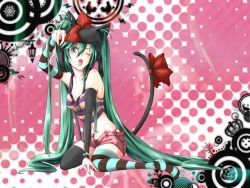 Rule 34 | 1girl, animal hood, asymmetrical legwear, bracelet, cat hood, cat tail, detached sleeves, green eyes, green hair, hatsune miku, hood, jewelry, long hair, matching hair/eyes, mismatched legwear, one eye closed, open mouth, panties, shinn (artist2), sitting, solo, striped clothes, striped thighhighs, tail, thighhighs, twintails, underwear, very long hair, vocaloid, wink